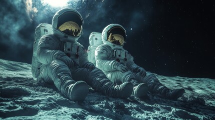 Wall Mural - two astronauts relaxing on alien planet surface, observing galaxy