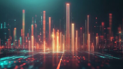 Poster - Futuristic Digital Cityscape with Neon Lights and Data Patterns