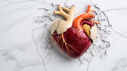 A lifelike, detailed anatomical model of a human heart showing intricate arteries and veins, resting on a cracked surface, symbolizing health and scientific precision.