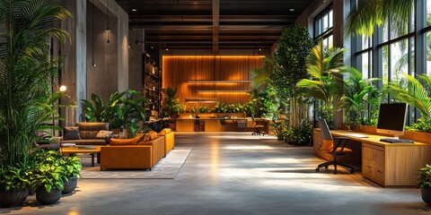 Wall Mural - A beautifully designed open-space office with abundant greenery, modern furniture, and large windows invites creativity and collaboration among workers.