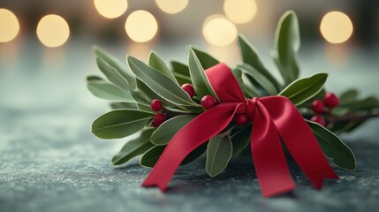 Wall Mural - A close-up of a mistletoe sprig tied with a red ribbon.