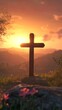 © Denys - Wooden cross standing on hilltop at sunset