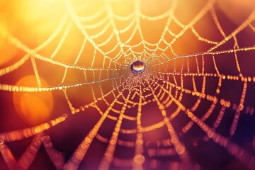 Morning dew on spider web, sparkling water droplets, macro nature photography, Generative AI