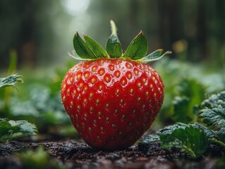 Wall Mural - A vibrant close-up of a ripe, fresh strawberry in a lush green garden setting under diffused natural light, highlighting the berry's texture and vivid red hue.