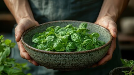 Wall Mural - A Close-Up View of Fresh Green Basil Leaves in a Rustic Bowl Held by a Person Wearing a Dark Apron, Captured in Natural Light in an Indoor Setting