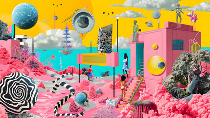surreal pink landscape illustration: whimsical figures and floating planets
