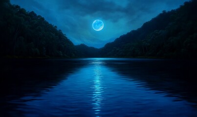 Canvas Print - Full moon over tranquil lake reflecting moonlight, surrounded by dark lush forest hills at night.