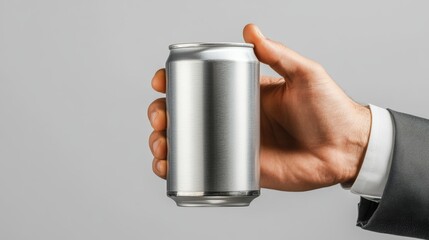 Wall Mural - business man hand hold drink can isolated on white background. hyper photorealistic. nice figure of hand. no text no brand no logo on the can