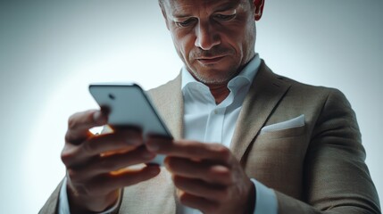 Wall Mural - Businessman, winner, phone holding and business success, isolated on white background. nice figure of hand. cinematic light.