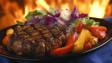 Wall Mural - Delicious Grilled Steak with Colorful Vegetables and Salad