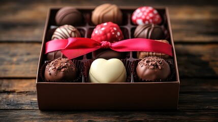 Wall Mural - A heart-shaped box of chocolates tied with a silky red ribbon on a wooden table.