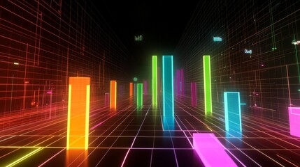 Poster - Vibrant Neon Data Visualization with 3D Bars in Dark Space
