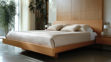 Poster - Modern Minimalist Bedroom Interior with Wooden Furniture and Plants