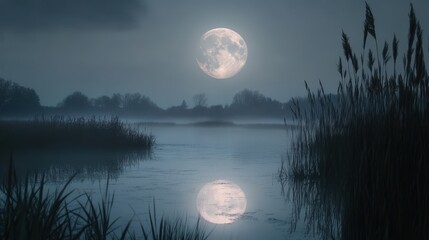 Wall Mural - full moon casting a mystical light over a foggy marsh, with reeds and shadows creating an eerie scen