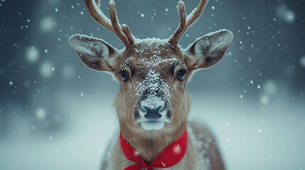 Wall Mural - A reindeer wearing a red ribbon around its neck standing in a snowy forest.