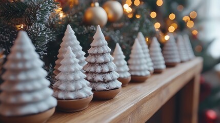 Wall Mural - A row of tiny frosted Christmas trees sitting on a wooden mantel.