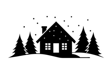 Wall Mural - A cozy house with winter wonderland vector silhouette with snow covered background