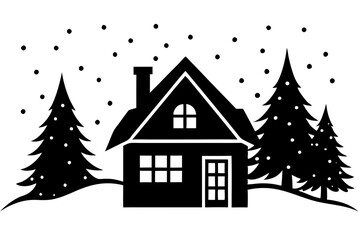 Wall Mural - A cozy house with winter wonderland vector silhouette with snow covered background