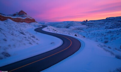 Wall Mural - Winding road through snowy landscape at sunrise.