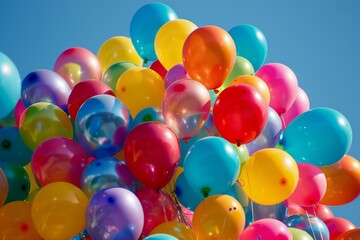 a collection of bright, colorful balloons soaring high in the sky, adding a sense of joy and celebra