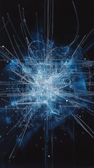 Fototapete - Complex abstract depiction of dynamic data streams with glowing blue and white lines moving against a dark background