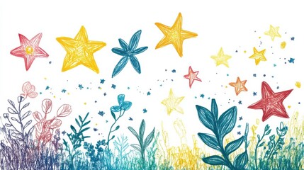 Wall Mural - Colorful Hand-Drawn Stars and Plants in Pastel Style Illustration