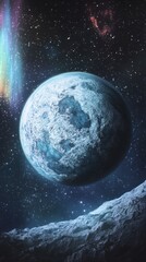 Poster - Whimsical depiction of a vibrant exoplanet surrounded by cosmic elements and celestial colors