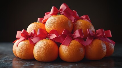 Wall Mural - A stack of mandarin oranges arranged in a pyramid with red ribbons tied around them.