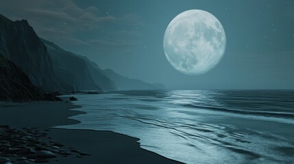 Wall Mural - giant full moon shining over a serene beach, with waves gently lapping at the shore under its glow.