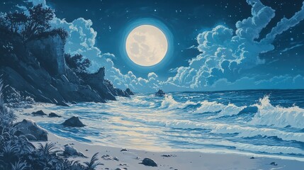 Wall Mural - giant full moon shining over a serene beach, with waves gently lapping at the shore under its glow.