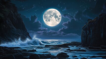 Wall Mural - glowing full moon casting its light over a rocky coastline, waves crashing against the cliffs below.
