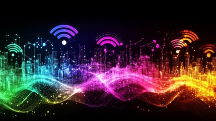 Poster - Abstract Digital Cityscape with Colorful Waves and Wi-Fi Signals