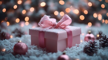 Wall Mural - A tiny gift box tied with a pink satin ribbon, surrounded by glowing fairy lights.