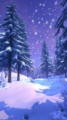 Poster - Serene snowy landscape at twilight with falling snowflakes and tall evergreen trees