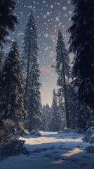 Poster - Snowy twilight landscape with tall trees and falling snow creating a tranquil winter atmosphere
