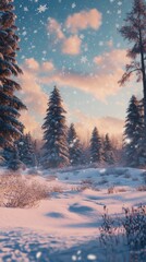 Wall Mural - Serene twilight landscape with snow-covered trees and gentle snowfall in a winter wonderland