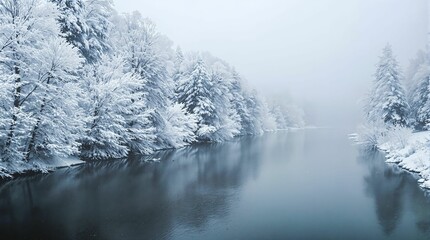 Fototapete - serene winter landscape with a river surrounded by snow-covered trees. The water reflects the snowy trees, creating a tranquil and picturesque scene.