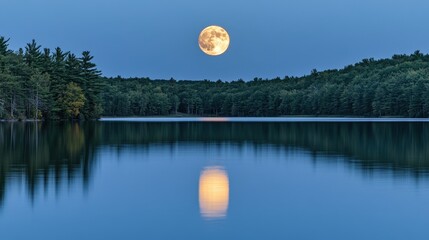 Wall Mural - glowing full moon rising above a serene lake, with its perfect reflection shimmering in the still wa