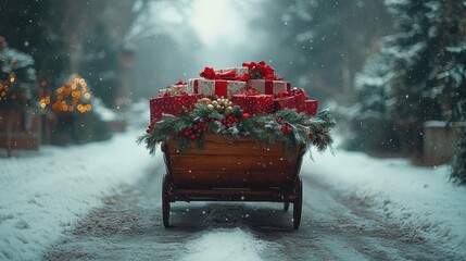 Wall Mural - A vintage Christmas sleigh filled with gifts and festive greenery, parked on snow.