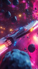 Aufkleber - Futuristic spacecraft navigating through colorful asteroid field in a distant galaxy at twilight