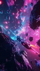 Poster - Futuristic interstellar journey through vibrant cosmic landscape with asteroids and colorful nebulae
