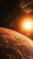 Wall Mural - detailed view of a water-covered exoplanet illuminated by a distant sun in deep space