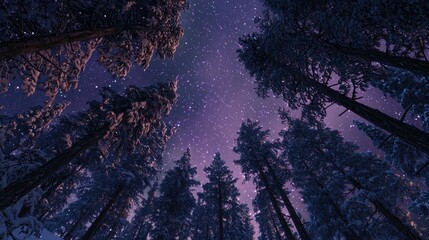 Wall Mural - snowy pine trees reaching up into a clear night sky illuminated by the green and purple aurora