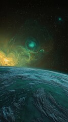 Poster - Breathtaking view of a vibrant exoplanet showcasing swirling nebulae and deep cosmic colors