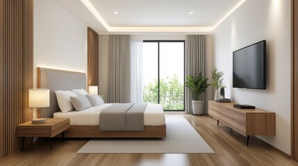 Wall Mural - Modern minimalist bedroom design with elegant furnishings, large windows, and natural light enhancing comfort