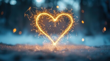 Wall Mural - Golden sparkler trails creating a heart shape against a softly blurred snowy background