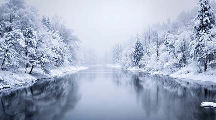 Poster - serene winter landscape with a snowy forest and a calm river reflecting the snowy trees and sky.