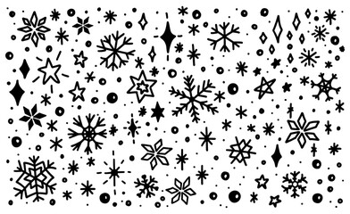 snowflakes and stars pattern on white background