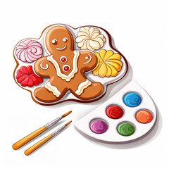 Gingerbreads with icing and a palette of edible paints with paint brush. Modern vector illustration. White background.