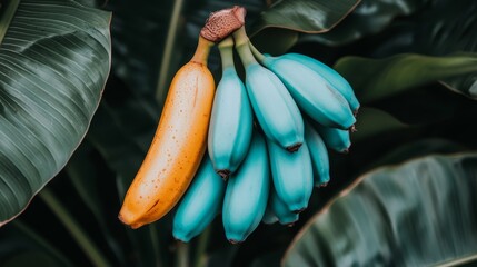 Canvas Print - Single yellow banana beside bunch of blue bananas on plant.